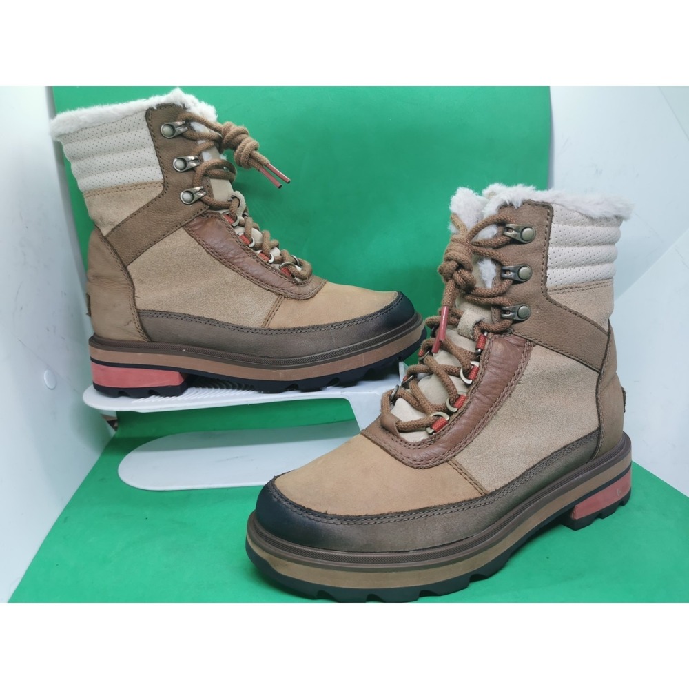SOREL Lennox Leather/Faux Fur Trim Lace-Up Boot US 7/38 Velvet Tan/Warp Red